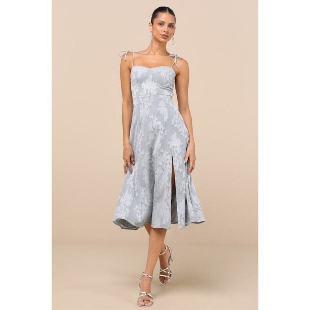 Lulu's Light Gray Floral Midi Dress with Tie Straps